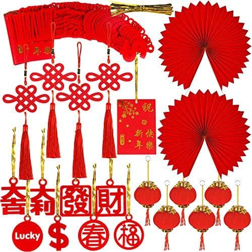 86 Pcs Chinese New Year Decorations Chinese Characters Red Lanterns Knots Tassel Ornaments Paper Fan | Amazon (US)
