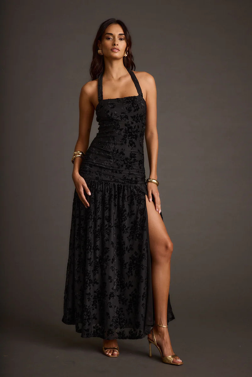 Hollow Black Burnout Halter Maxi Dress | 12th Tribe