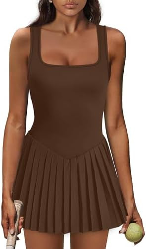 Athletic Dress for Women Built in Shorts U Neck Womens Tennis Dress Pleated with Pockets Sleevele... | Amazon (US)