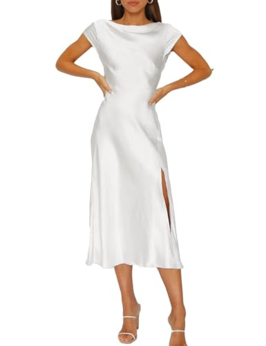 Women's Summer Satin Elegance Backless Twist Cap Sleeves Midi Dress 2023 Sexy Cowl Neck Slit Cocktail Wedding Guest Dresses White | Amazon (US)