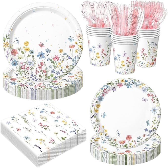 168PCS Wildflower Party Decorations Spring Floral Baby Shower Birthday Decorations Include Plates... | Amazon (US)