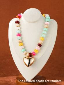 1pc Summer Fashion Chunky Beaded Heart Pendant Necklace, Women's Bohemian Colorful Acrylic Beaded... | SHEIN