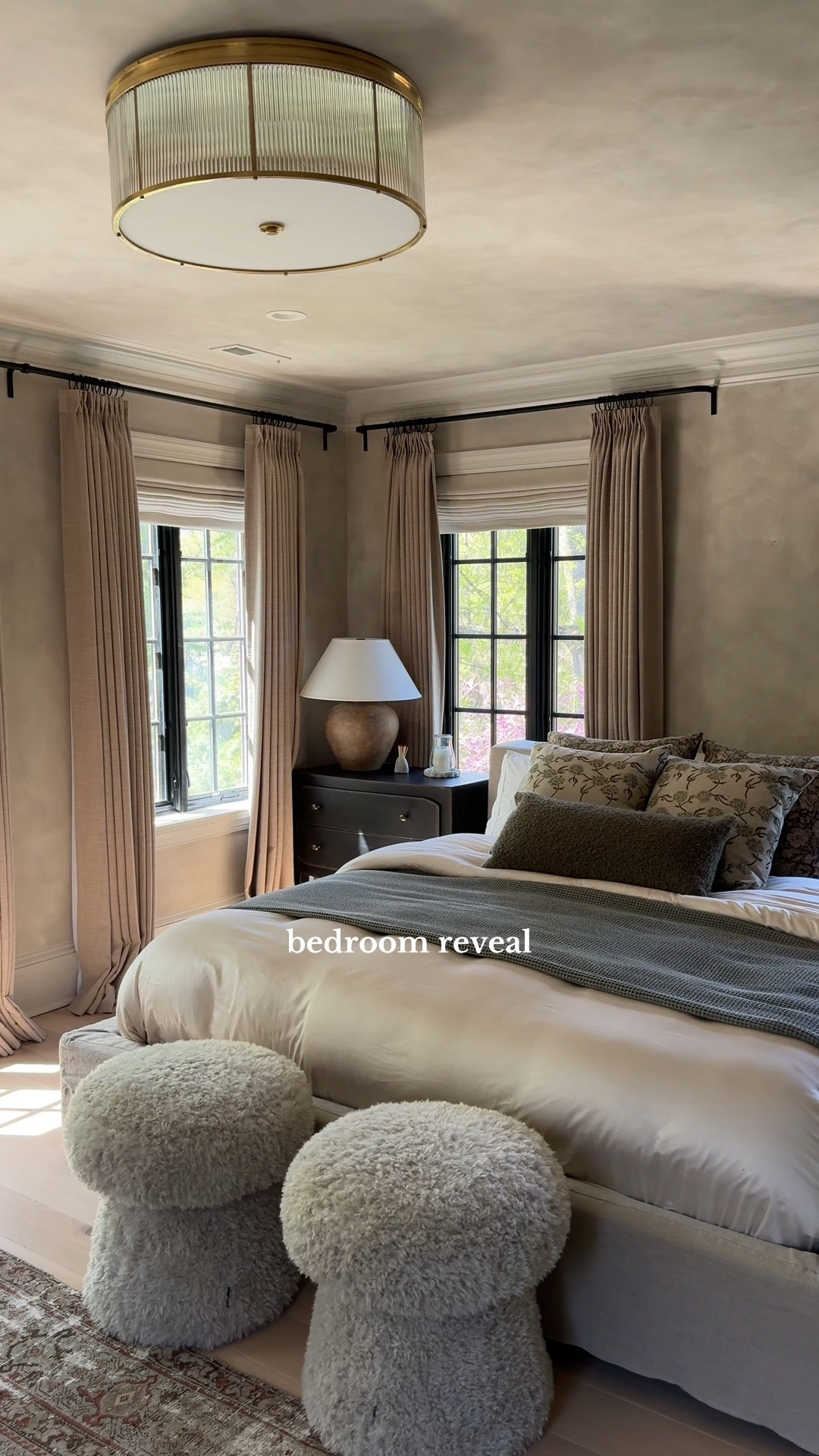 Bedroom reveal!!! Details below:

Rug: Vintage from Cloth and Wool (www.clothandwool.com)

Shades: Flat Roman shades, in the fabric Heathered Linen in the color Oat

Curtains: Pinch-pleat, memory-trained, black-out in the color Grey Beige

Stools: Vintage

Cozy Earth Duvet (linked) is in the color Oat


#LTKHome #LTKStyleTip