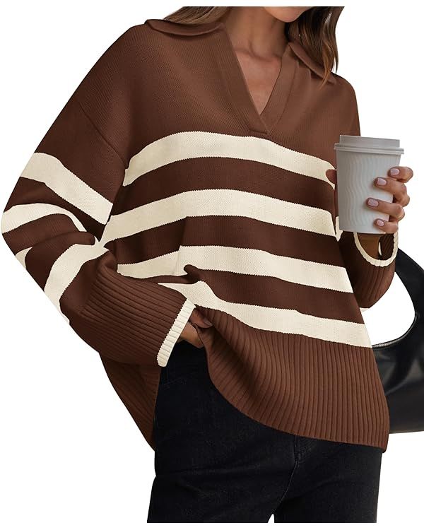 ZESICA Women's 2024 Winter Sweaters Lapel V Neck Long Sleeve Striped Chunky Knit Oversized Pullov... | Amazon (US)