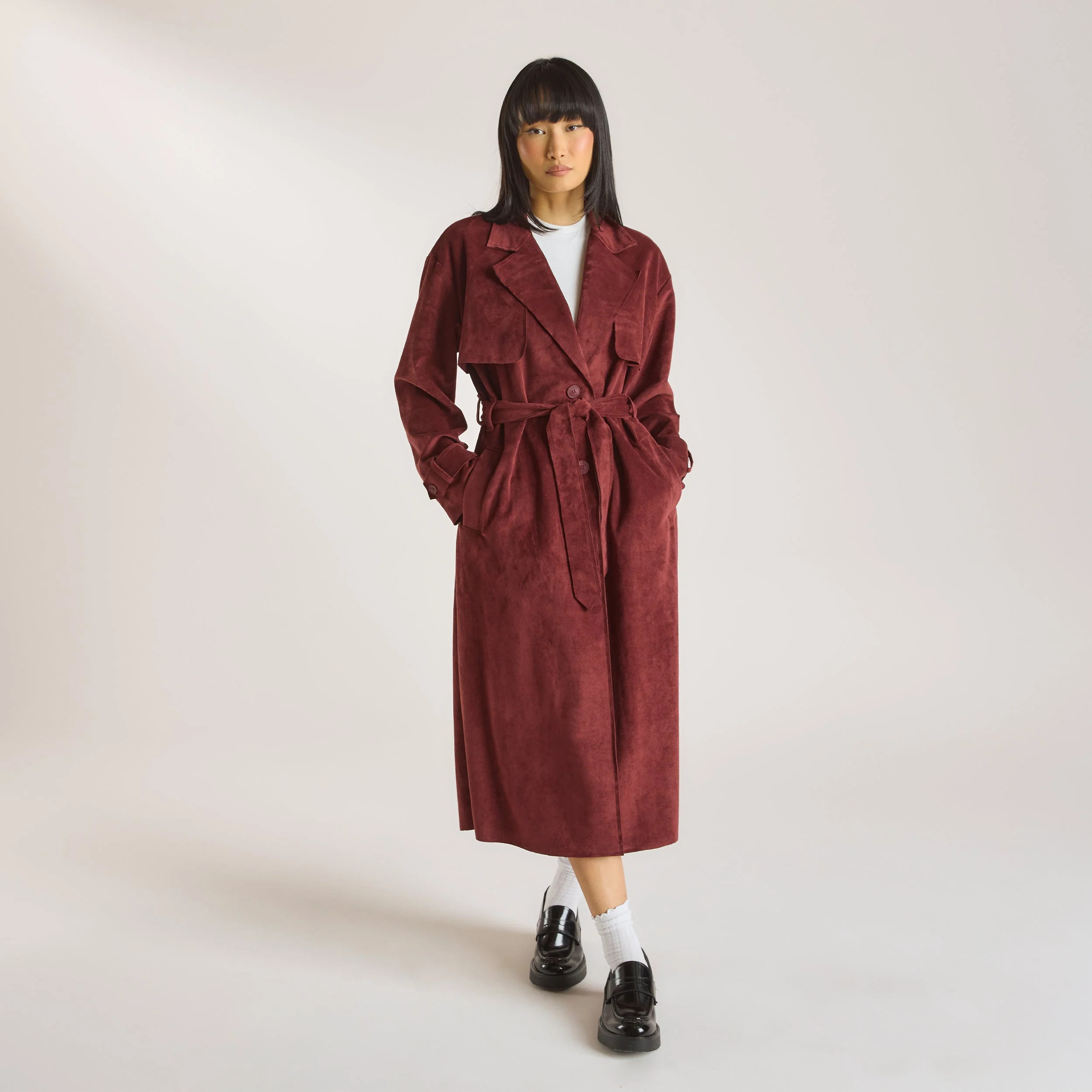 Suedette Trench Coat - Burgundy | Lounge (US)