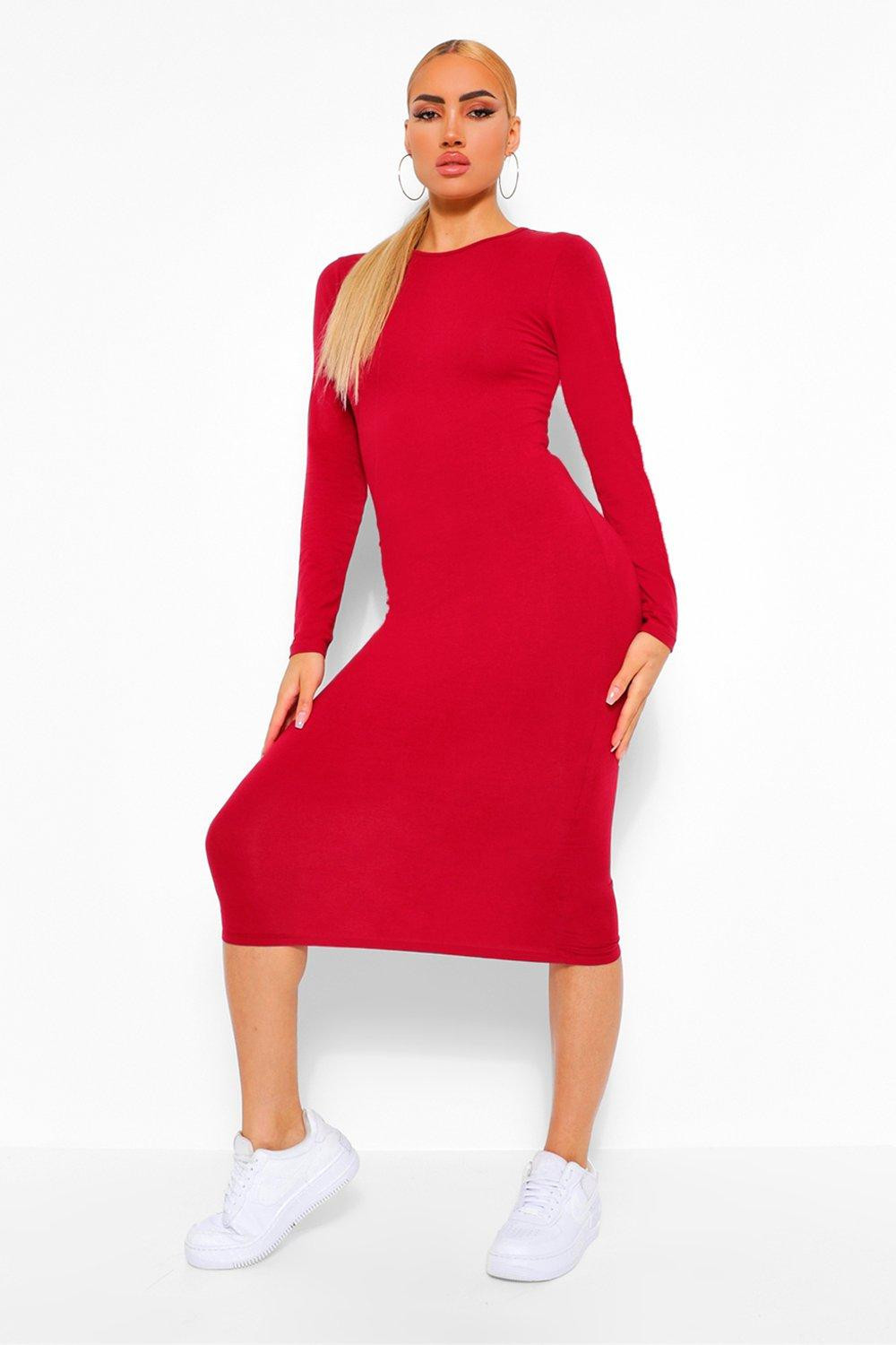 Womens Basic Long Sleeve Crew Neck Midi Bodycon Dress - Red - 4 | Boohoo.com (US & CA)
