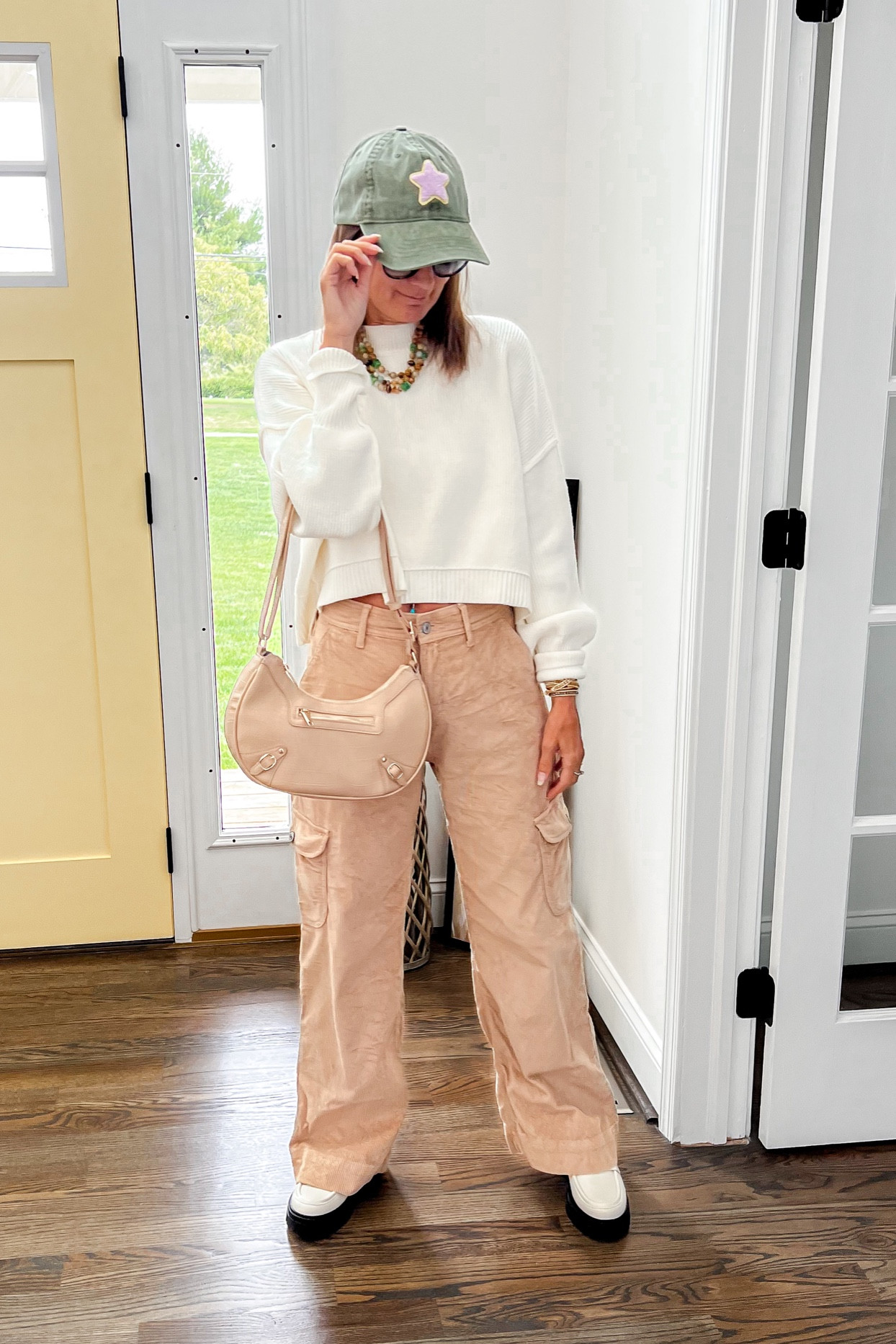 American Eagle corduroy cargo pants, Free People cropped sweater, Free People necklace, Crescent shoulder bag, Victoria Emerson bracelet, River beads, washed ball cap with star 

Fall fashion/fall outfit/fall style/casual look/everyday fashion/petite fashion

#LTKover40 #LTKstyletip #LTKfindsunder50