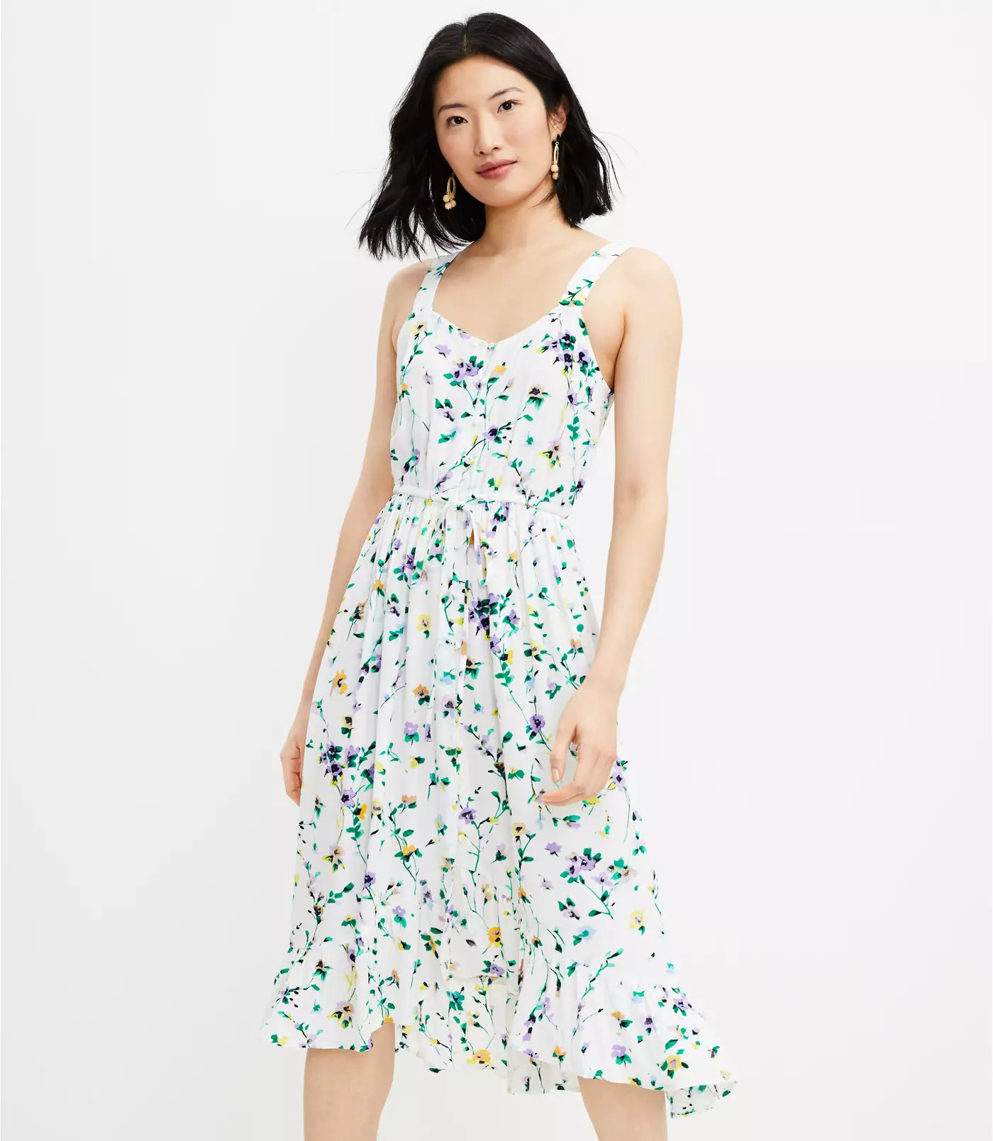 Floral Button Ruffle Midi Dress | LOFT | LOFT