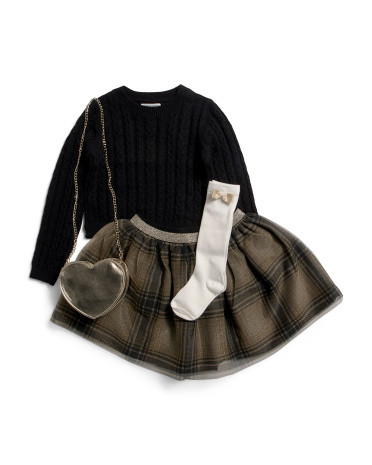 Girls 2pc Sweater And Plaid Tulle Skirt Set With Purse And Socks | TJ Maxx