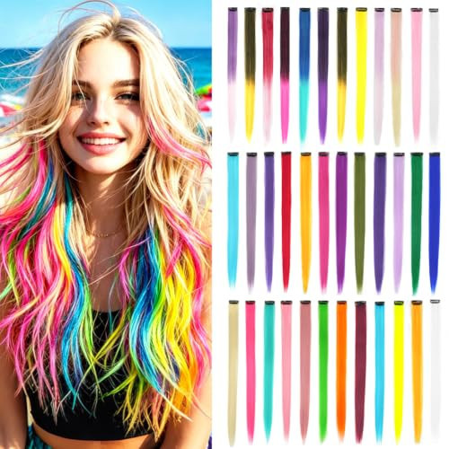 36 Pcs Colored Hair Extensions 22 Inch Rainbow Clip in Hairpieces Long Straight Synthetic Hair Extension for Girls Women Party Highlights Gifts | Amazon (US)