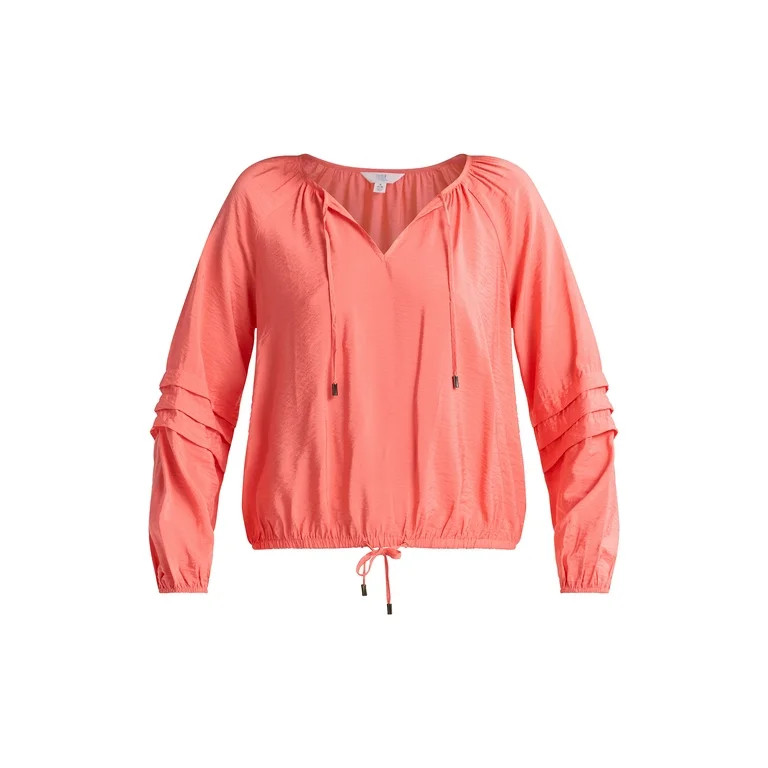 Time and Tru Women's Drawstring Hem Peasant Blouse with Long Sleeves, Sizes XS-XXXL | Walmart (US)