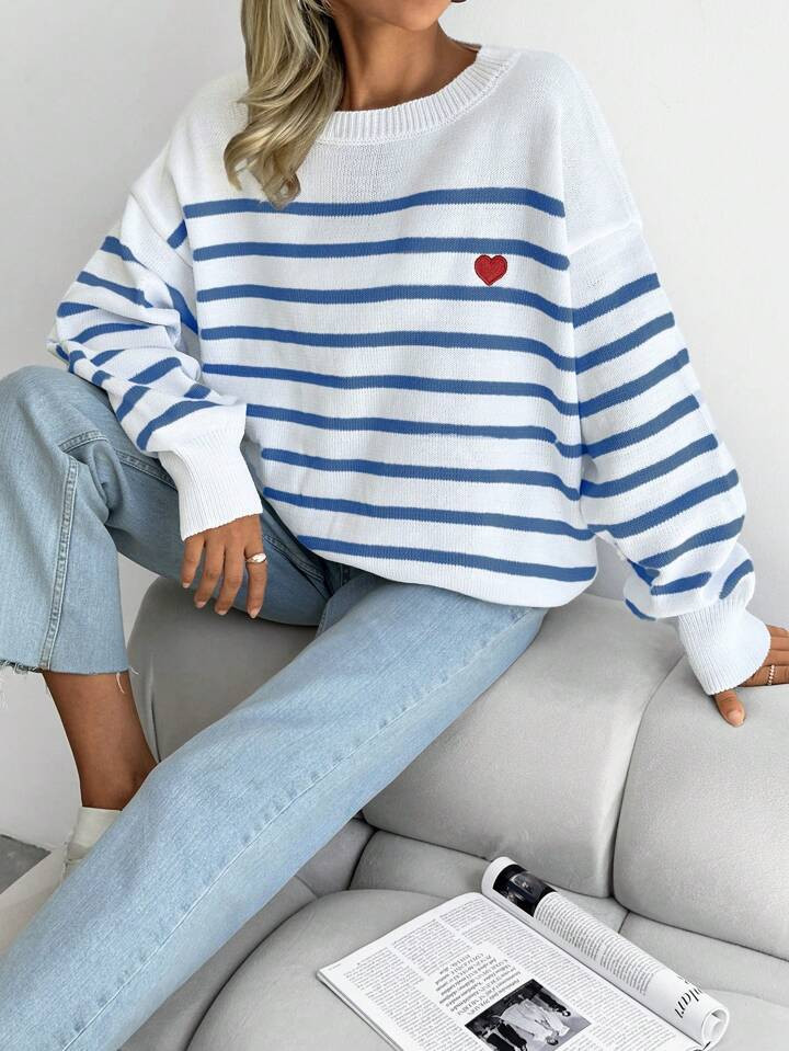 SHEIN Plus Size Striped & Heart Pattern Drop Shoulder Sweater, For Winter | SHEIN