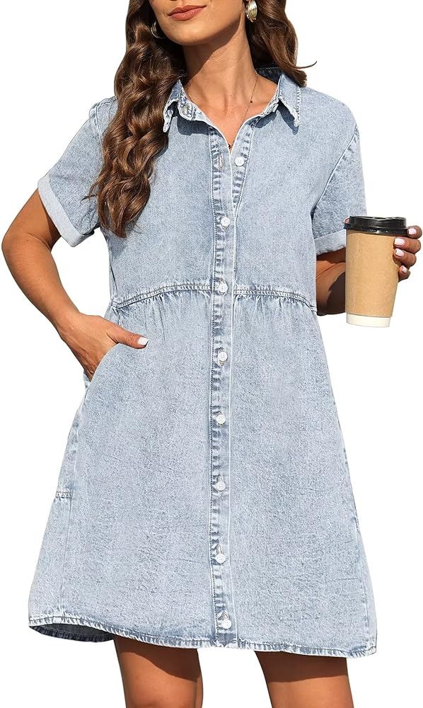 KDF Denim Dress for Women with Pockets Short Sleeve Babydoll Denim Shirt Dresses for Women 2023 | Amazon (US)