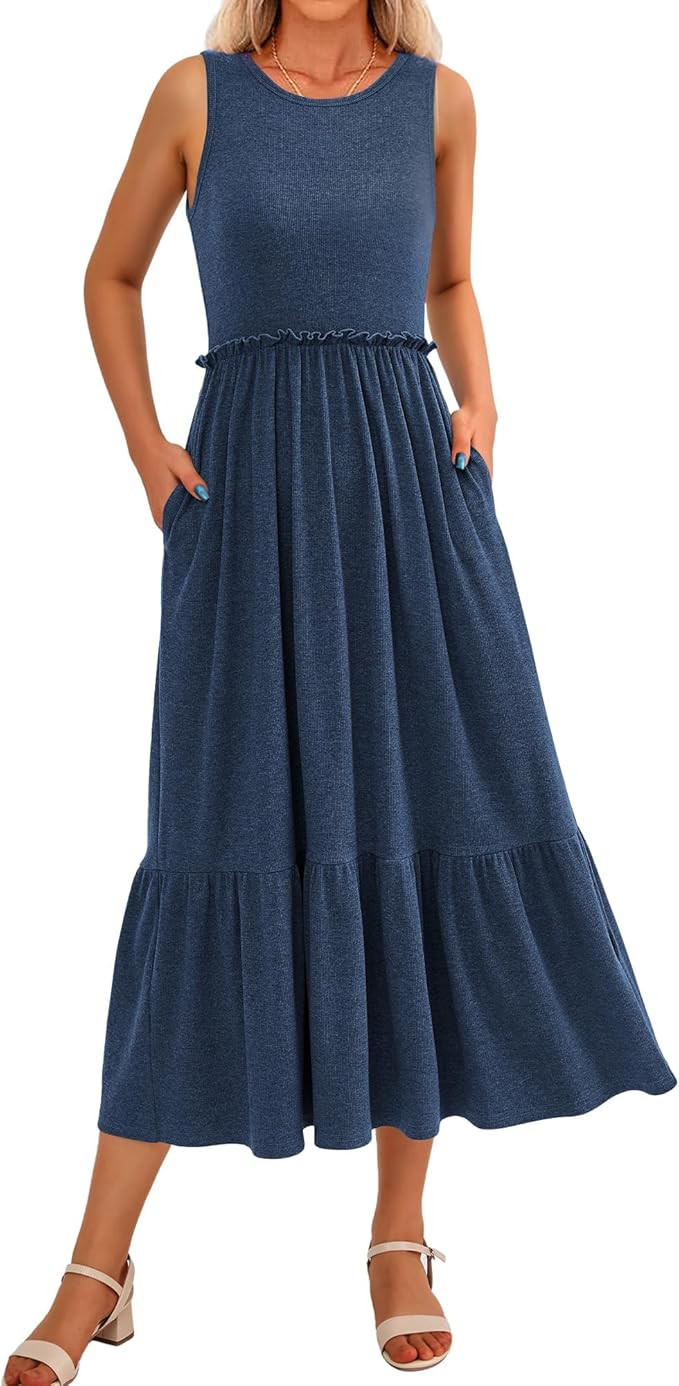 BTFBM Womens Casual Tank Dress Crewneck Boho Summer Sleeveless Sundress Ruffle Tiered Cocktail Ma... | Amazon (US)