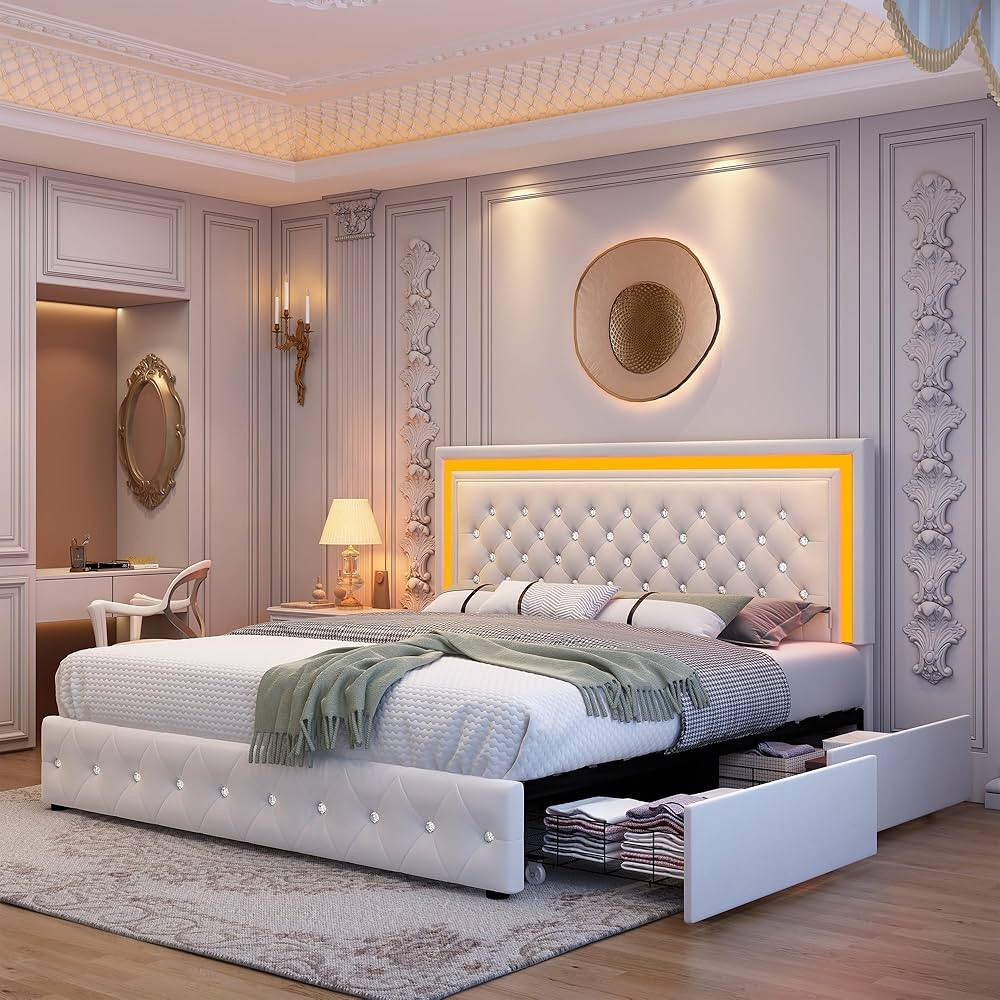Queen Led Bed Frame with 4 Storage Drawers Adjustable Headboard with Smart Control RGBW LED, Whis... | Amazon (US)