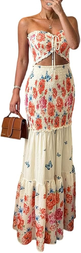 CHICME Floral Printed Prom Dress Tie Ruched Shirred Bandeau Party Dress Slim Fit Ruffle Hem Vacat... | Amazon (US)