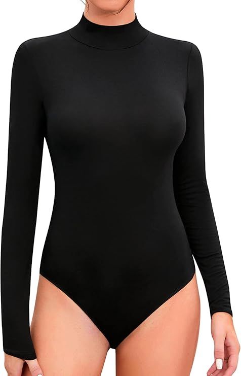 SHEIUGU Women’s Sleeveless Long Sleeve Mock Turtle Neck Bodysuit Soft Slim Fit Stretchy Layer T... | Amazon (US)