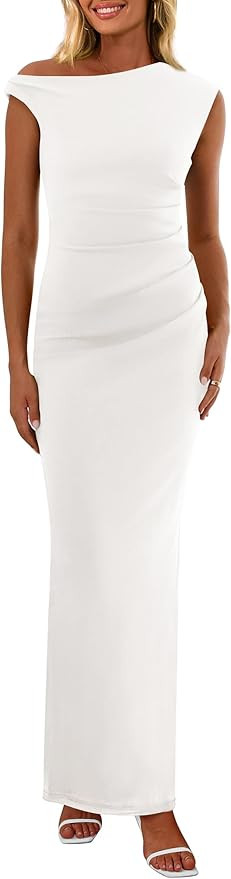 PRETTYGARDEN Women's Summer Formal Maxi Dresses Sleeveless One Shoulder Bodycon Ruched Slit Mesh ... | Amazon (US)