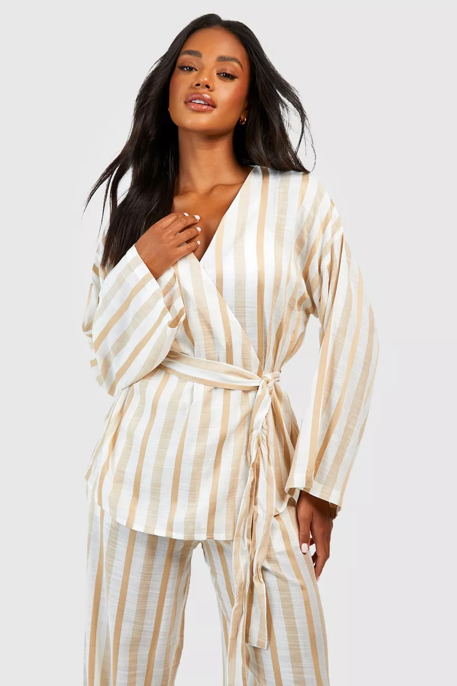 Linen Stripe Wrap Pajama Shirt | Boohoo.com (US & CA)