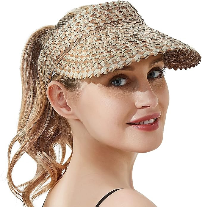 Straw Visors for Women, Visors for Women Wide Brim, Beach Hats for Women Foldable, Hand Woven Sun... | Amazon (US)