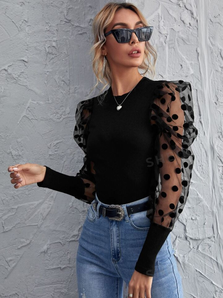 SHEIN Privé Dobby Mesh Sleeve Rib-Knit Black Top | SHEIN