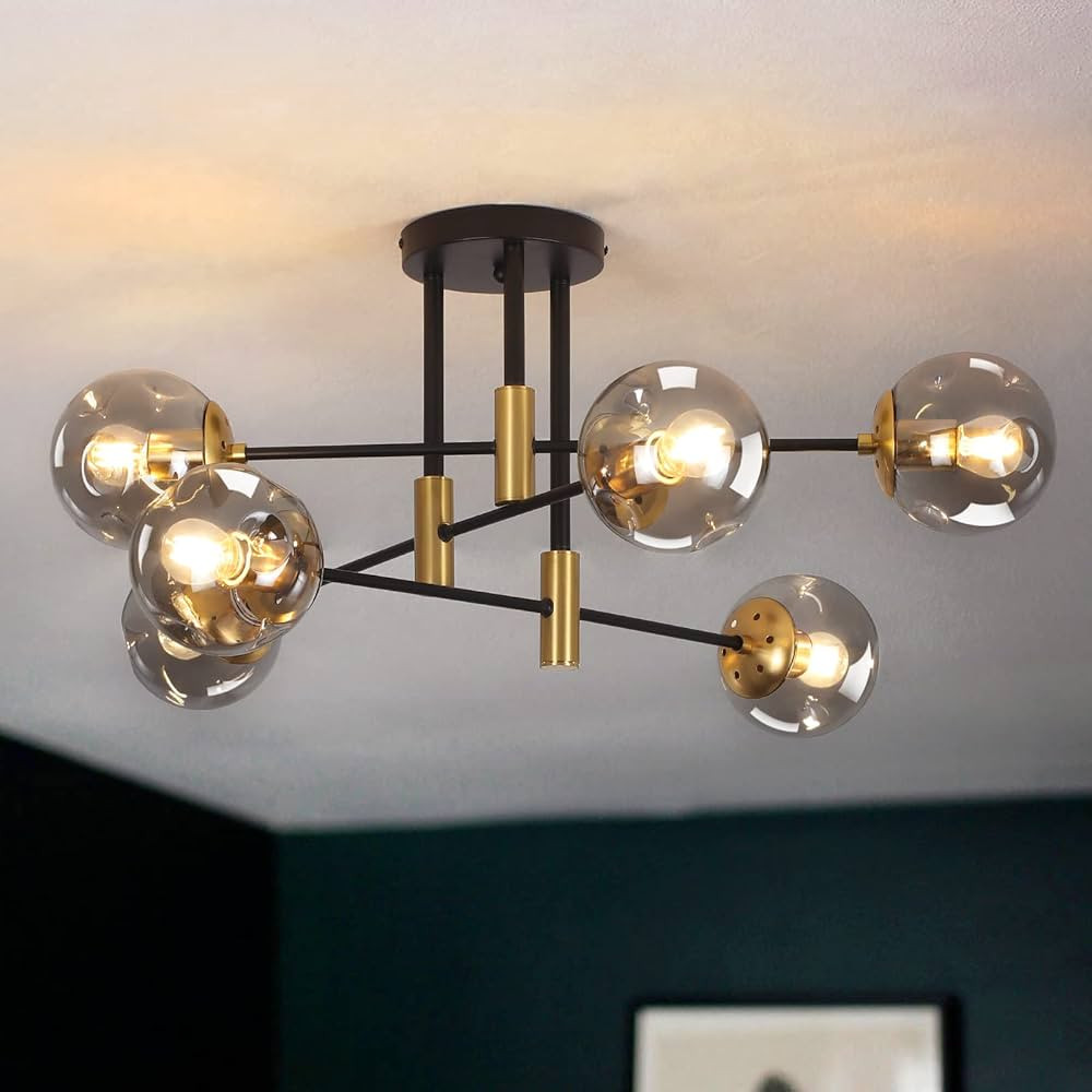 6-Lights Ceiling Light Fixtures - Modern Matte Black Semi Flush Mount Ceiling Light with Glass Sh... | Amazon (US)