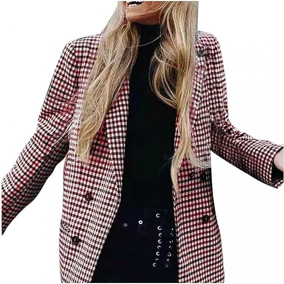 Fashion Women Plaid Blazer Coat Retro Stripe Print Button Shoulder Pads Suit Coats Sunmoot | Amazon (US)