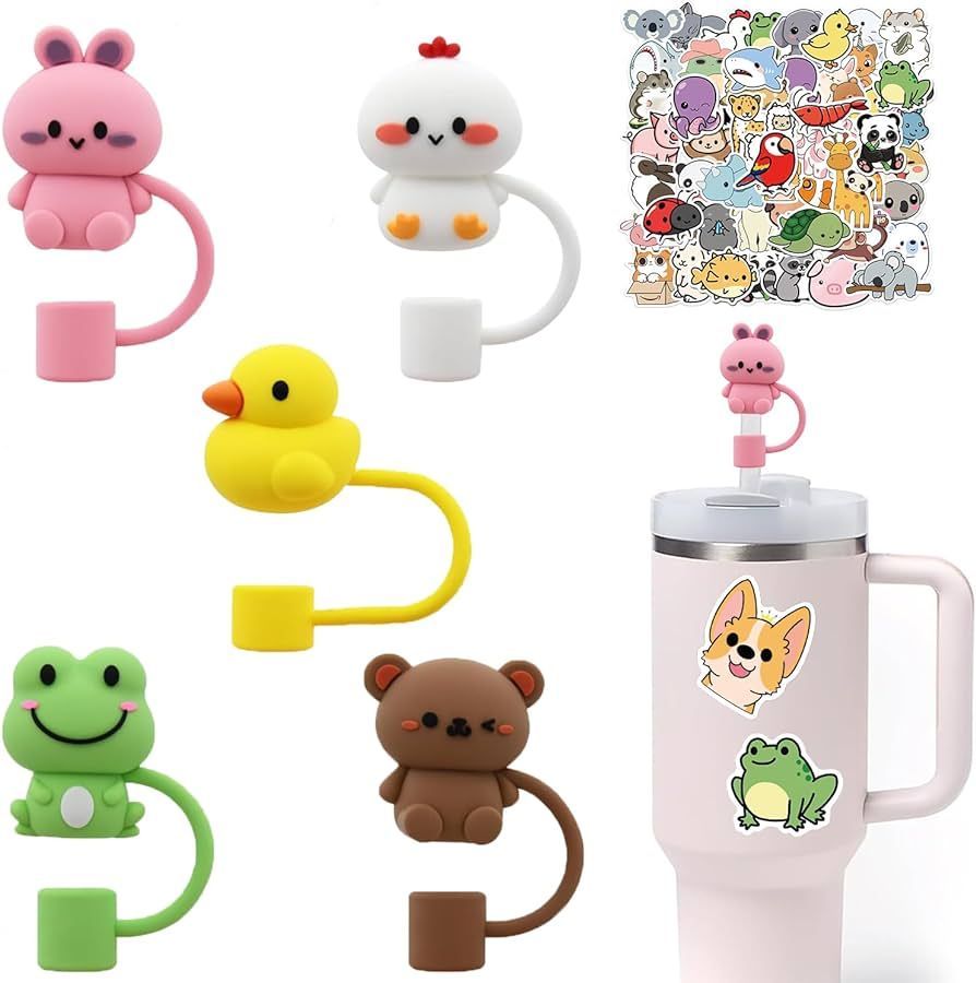 JVLear 55 PCS Cute Animal Straw Cover Cap & Water Bottle Stickers for Stanley Cup 10mm 0.4inch Du... | Amazon (US)