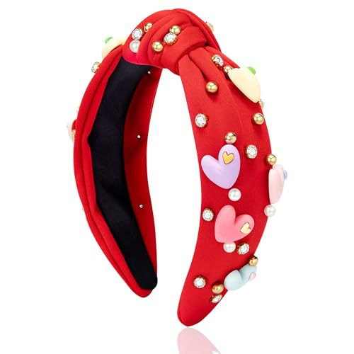 pVq Valentine’s Day Headband for Women Candy Heart Love Headband Jeweled Beaded Heart Knotted Hairband Red Light Pink Pearl Rhinestone Valentine’s Accessories Gift | Amazon (US)