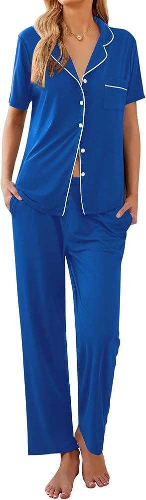 Ekouaer Women Pajamas Set Button Down Sleepwear Short Sleeve Nightwear with Long Pants Soft Pjs S... | Amazon (US)