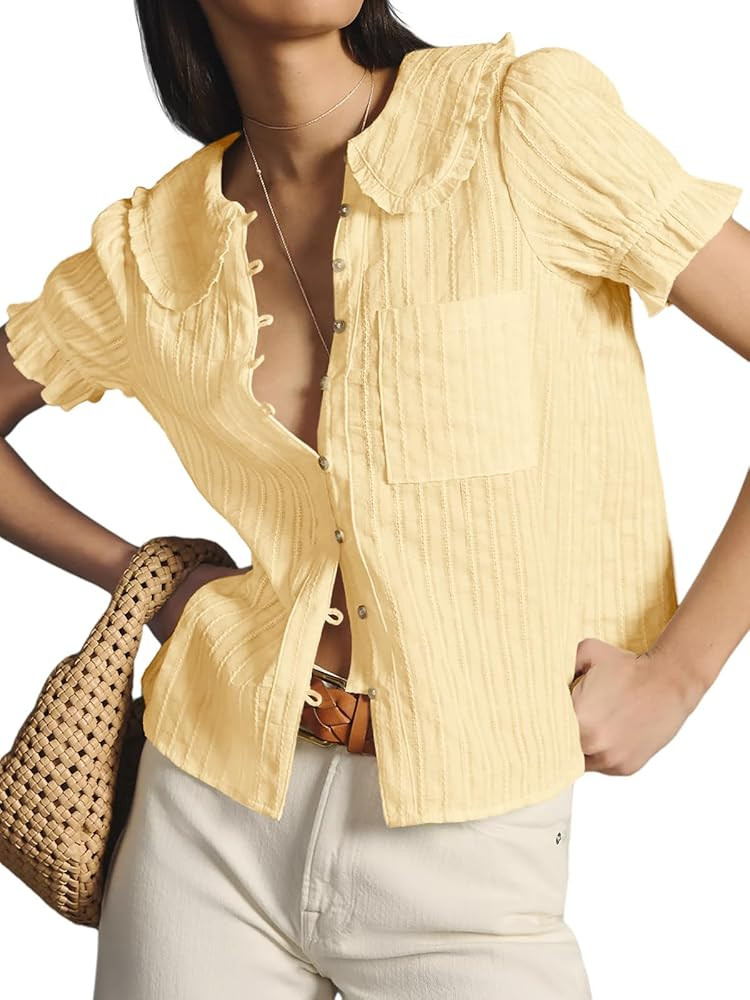 Tankaneo Womens Puff Sleeve Shirts Peter Pan Collar Button Down Cotton Blouse Casual Summer Textu... | Amazon (US)