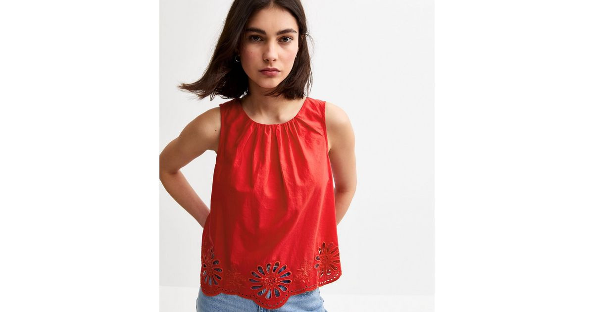 Red Broderie Anglaise Hem Vest | New Look | New Look (UK)