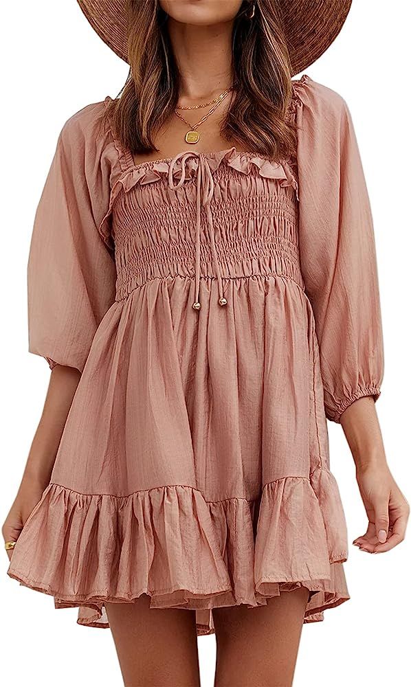 Dellytop Women's Puff Sleeve Smocked Dress Square Neck Ruffle A Line Flowy Chiffon Mini Dresses | Amazon (US)