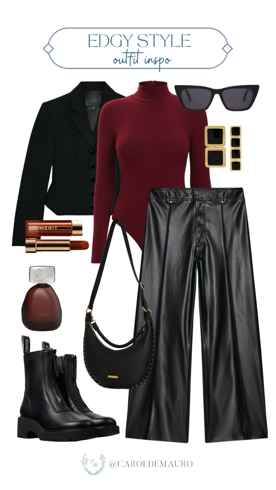Upgrade your look and mix and match this wine red mockneck bodysuit paired with a black cropped blazer, and leather pants! You'll also love these black leather boots and crossbody bag. You are ready for anything!

winter fashion, outfit inspo, burgundy aesthetic, street style, casual chic, fashion accessories, city girl, dress to impress

#LTKSeasonal #LTKU #LTKBeauty