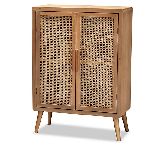 Alina Mid-Century Modern Wood and Rattan AccentCabinet - QVC.com | QVC