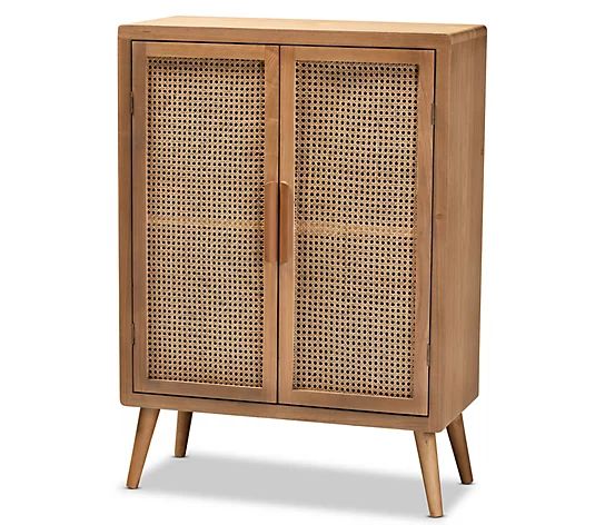 Alina Mid-Century Modern Wood and Rattan AccentCabinet - QVC.com | QVC