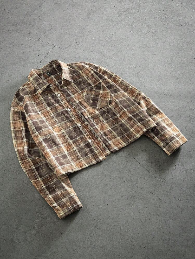 PAVTROS Men's Plaid Lapel Single-Breasted Casual Long Sleeve Shirt Brown Button Up Crop Mens Shirt Mens Cropped Button Up Flannel Cropped Flannel Shirt Mens Boxy Cropped Shirt Corduroy | SHEIN