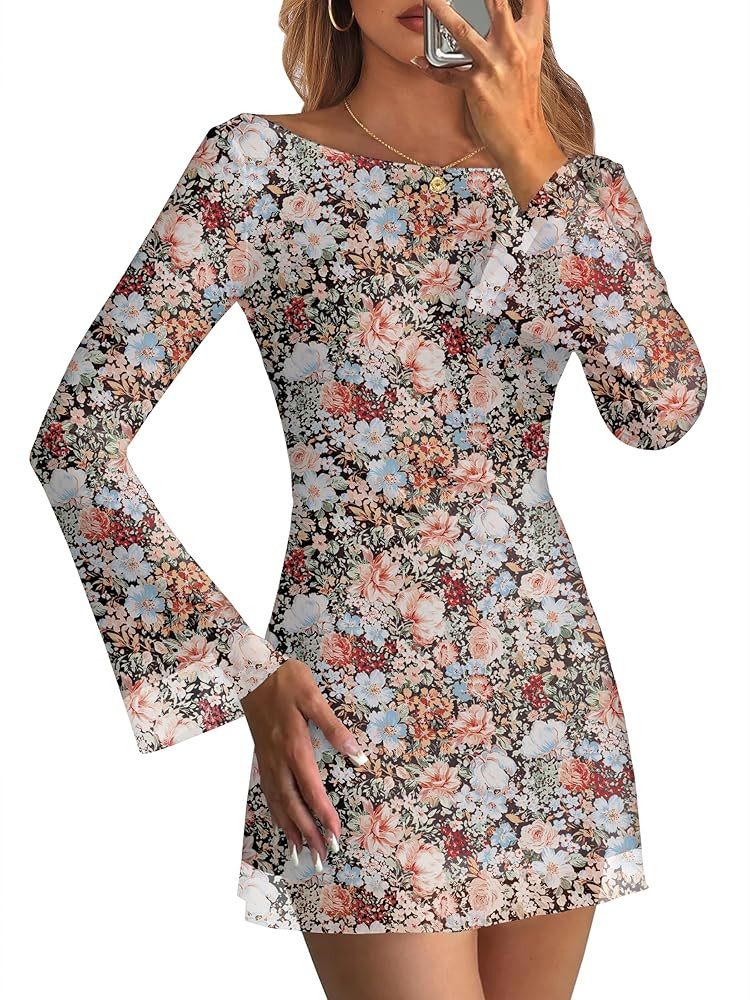 Caracilia Bell Long Sleeve Mini Dresses for Women Boat Neck Mesh 2025 Fall Sexy Date Party Floral... | Amazon (US)
