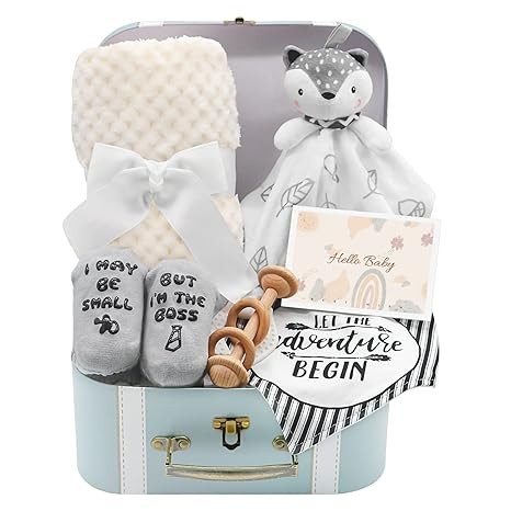 Fvntuey Baby Shower Gifts, Boy Gifts Basket Includes Newborn Blanket Lovey Security Wooden Rattle... | Amazon (US)