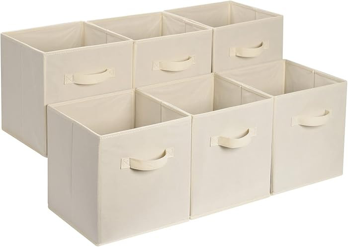 Amazon Basics Collapsible Fabric Storage Cube Bins Organizer with Handles, Sturdy, Beige, 13-x-13... | Amazon (US)