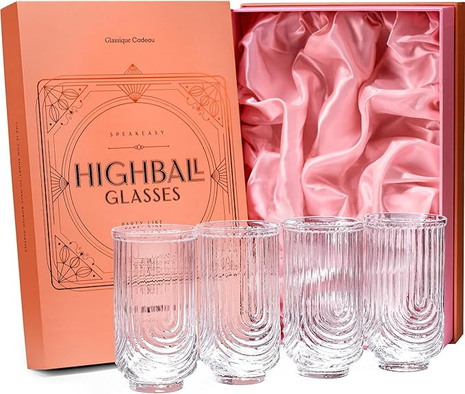 Vintage Art Deco Highball Gatsby Cocktail Glasses | Set of 4 | 14 oz Double HiBall Glassware for ... | Amazon (US)