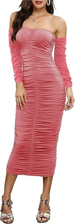 HOMELEX Off The Shoulder Bodycon Dress, Long Sleeve Sexy Solid Club Wear for Women, Ruched Pencil... | Amazon (US)