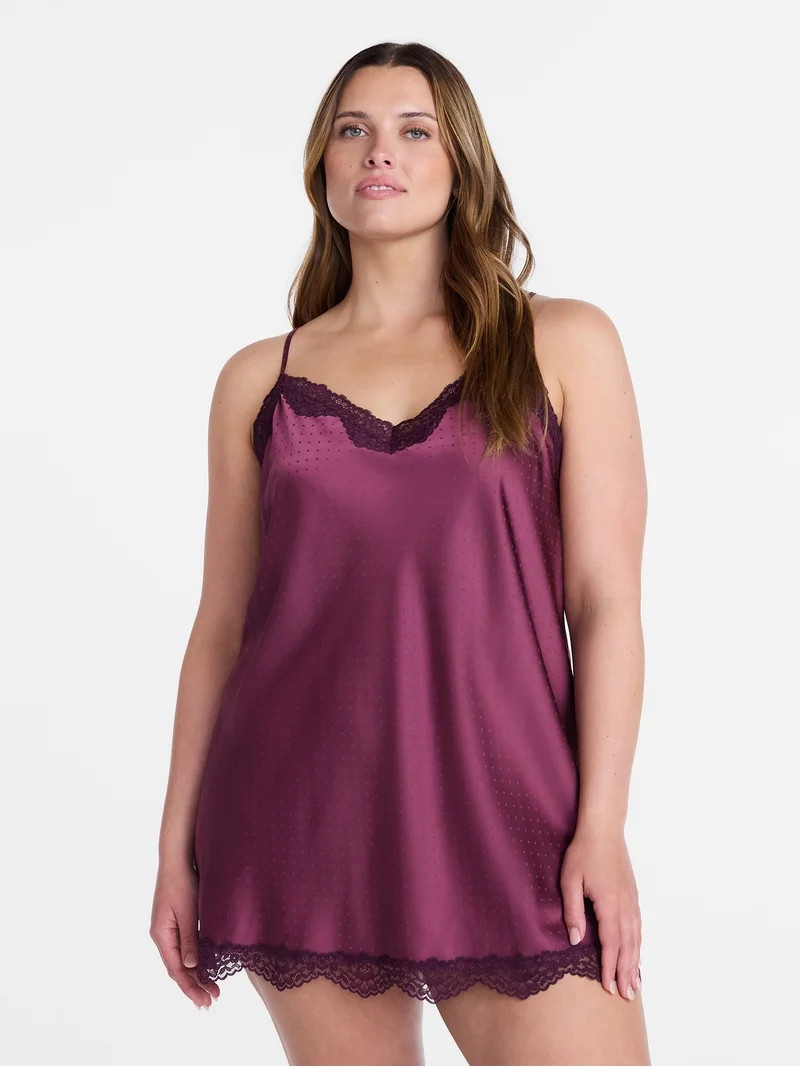Joyspun Women\u2019s Lace Trim Stretch Satin Chemise, Sizes S-3X | Walmart (US)