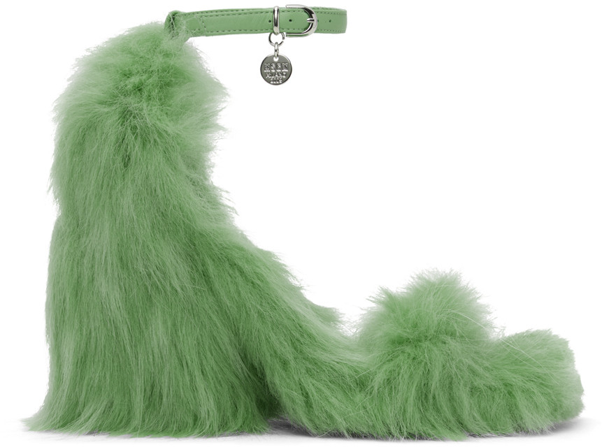 MSGM Green Faux-Fur Heeled Sandals | SSENSE