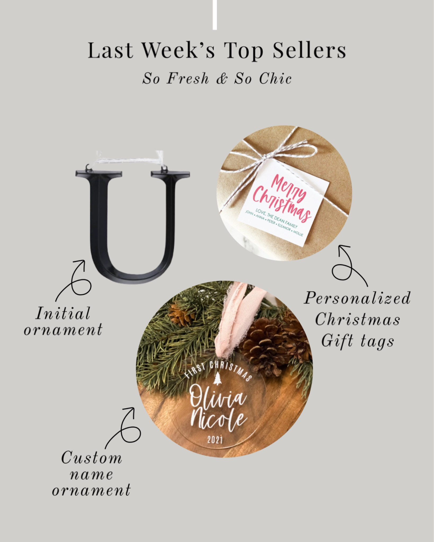 Last week’s top sellers were personalized Christmas ornaments and gift tags!
-
First christmas ornament - metal initial ornament - custom gift tags - Christmas gift tags - personalized gifts - customizable gifts - first Christmas married ornament - letterpress gift tags - luxury gifting - diy gift tags - printable Christmas gift tags - etsy - target - acrylic ornament 

#LTKGiftGuide #LTKHoliday #LTKhome
