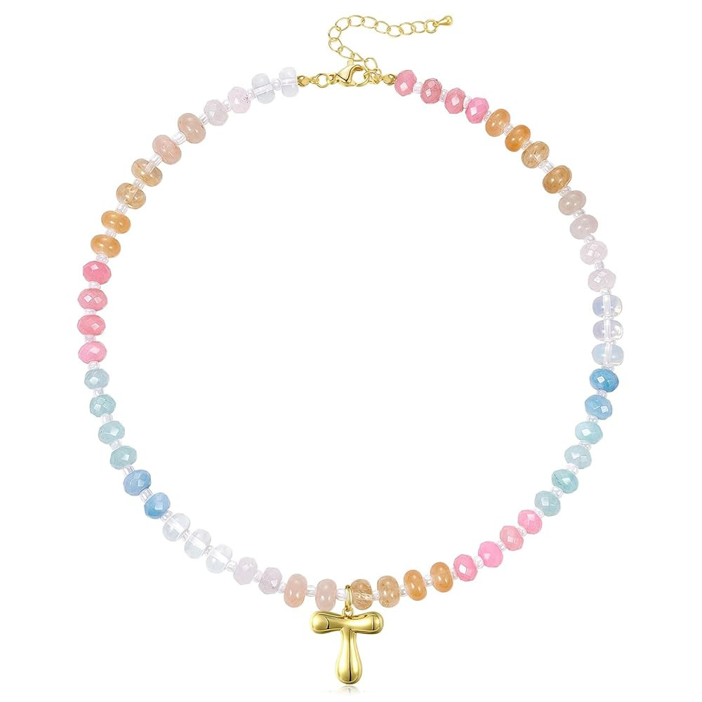 KissYan Initial Necklaces for Women, Colorful Beaded Gemstone Choker 14K Gold Bubble Letter Penda... | Amazon (US)