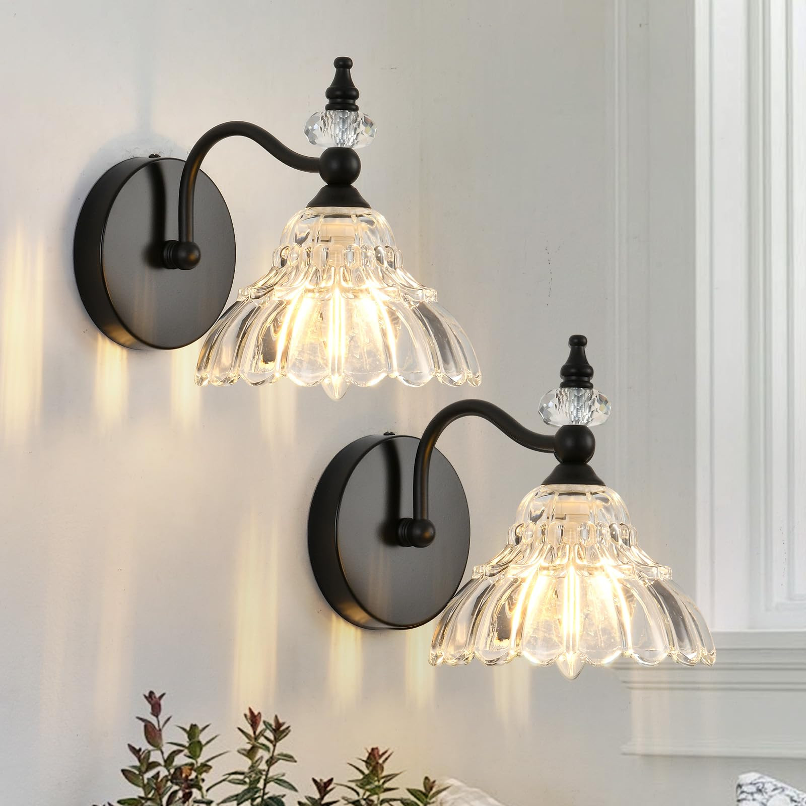 Vintage Industrial Wall Sconces Set of 2 - Antique Black Wall Lighting with Crystal Glass Shade, ... | Amazon (US)