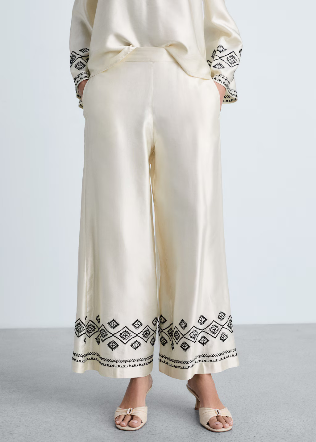 Wide-leg pants with embroidered hem - Women | MANGO USA | Mango (US/MX/AU)
