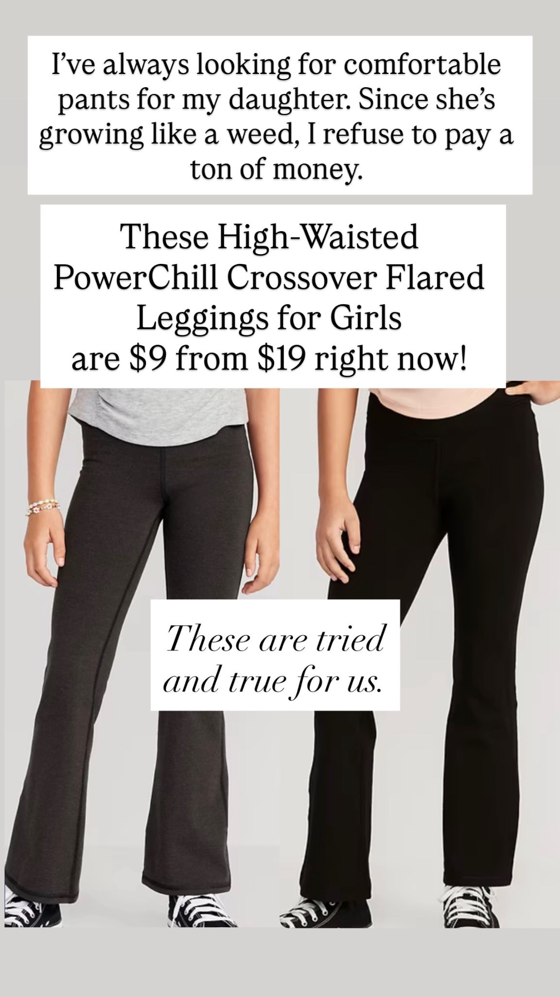 These flare leggings for girls are only nine dollars right now. These are great quality from Old Navy. My daughter is growing so fast so I refuse to buy expensive clothing for her! These were amazing. These are tried and true for us. 

#LTKSaleAlert #LTKKids #LTKActive