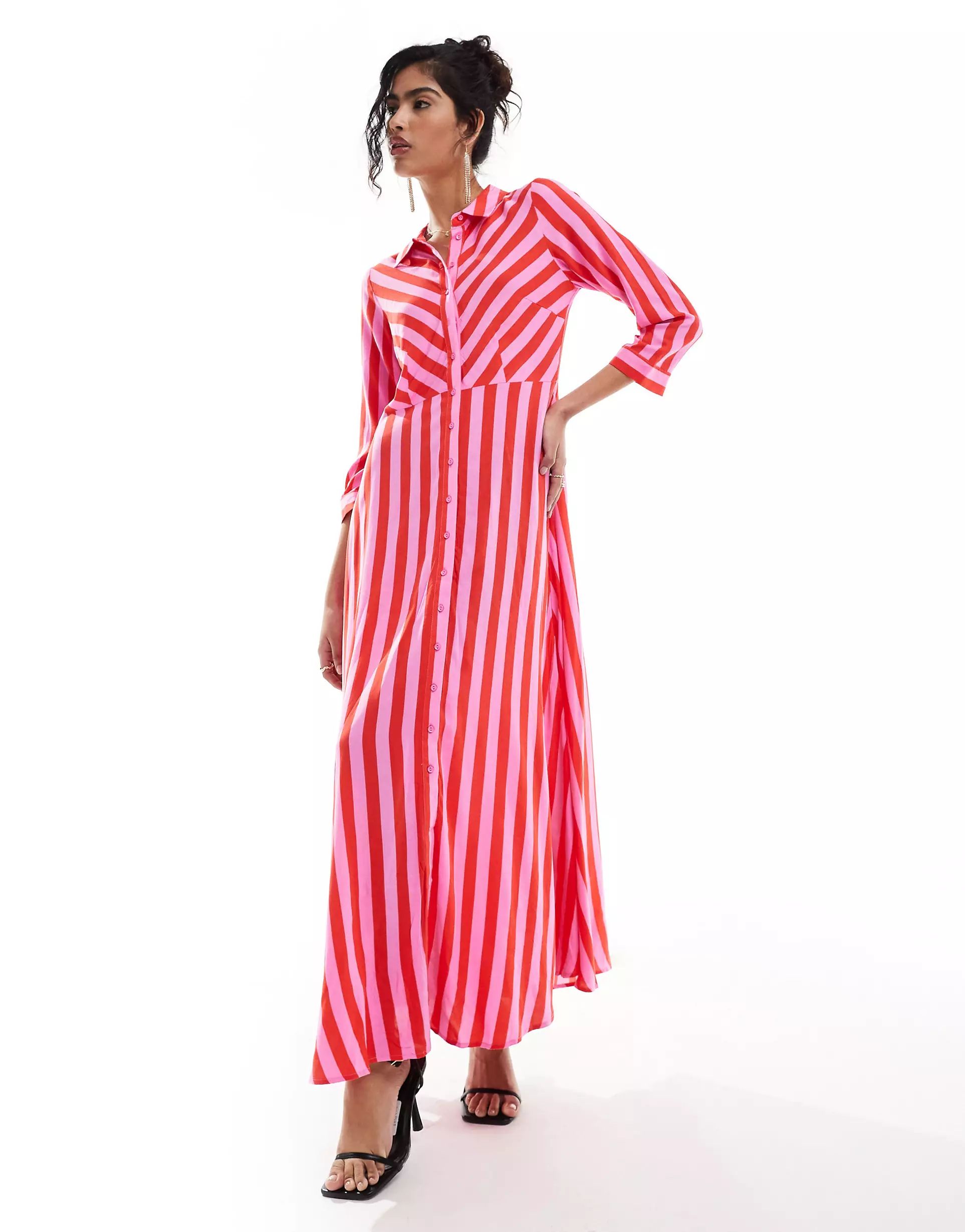 Y.A.S maxi shirt dress in pink and red stripe | ASOS (Global)